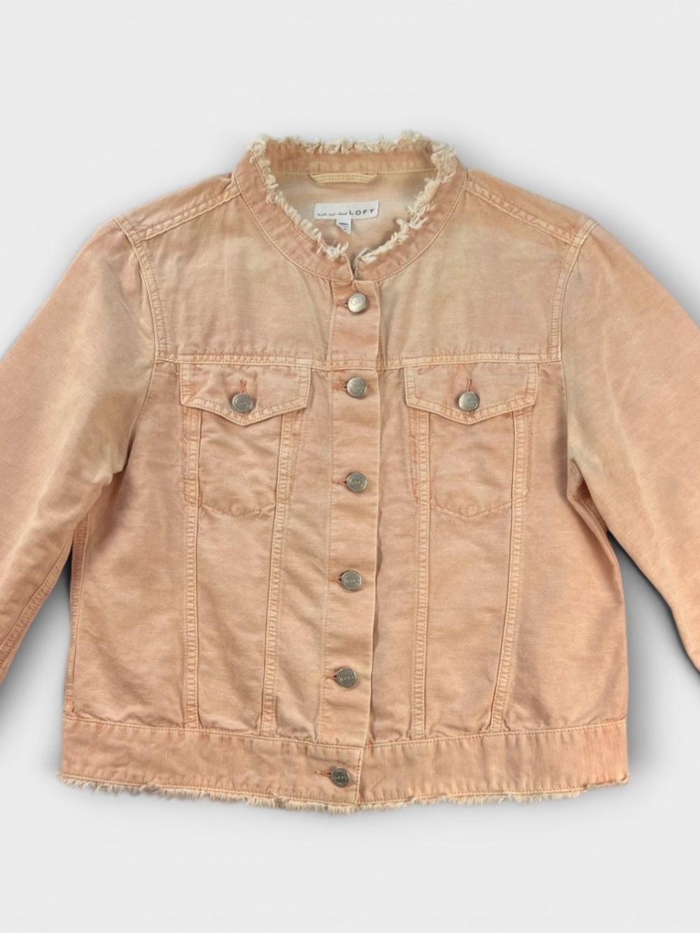 LOFT Womens Linen Blend Blazer Crop Denim Utility Jacket Peach Pink Raw Hem M